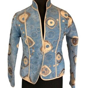 Khangura Womens Jacket Blazer Blue‎ Geometric Embroidered Mandarin Collar USA S
